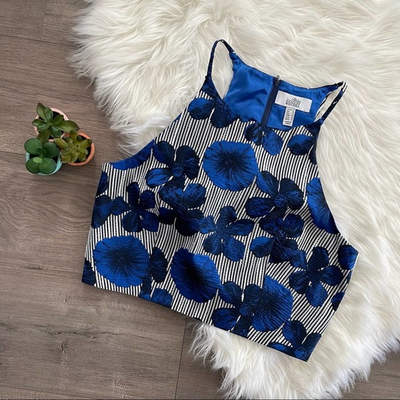 Badgley Mischka Lilliana Blue Floral Striped Crop Top - Picture 2 of 6